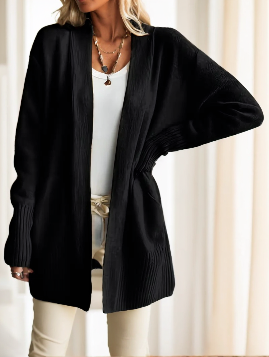 Cozy Knit Cardigan in black, open front on model