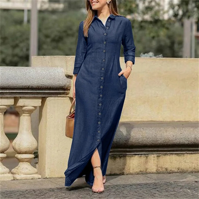 Chic 2023 Autumn Women's Denim Long Sleeve Dress with Buttons - Elegant Casual Fashion for Ladies