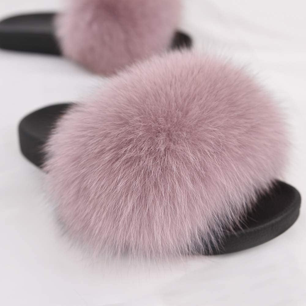 Women's Real Fox Fur Slides - Luxurious Open Toe Flat Sandals for Outdoor Use