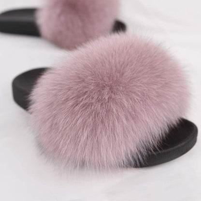 Women's Real Fox Fur Slides - Luxurious Open Toe Flat Sandals for Outdoor Use