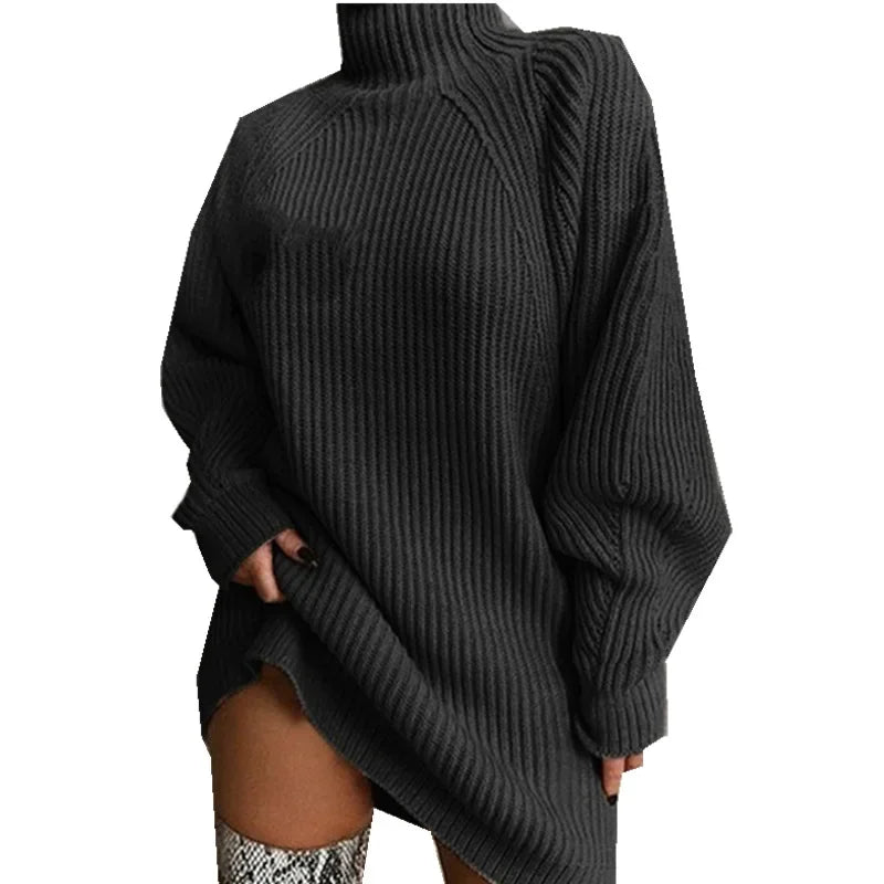 Chic Women's Autumn Winter Turtleneck Sweater Dress - Cozy Loose Knit Long Sleeve Pullover
