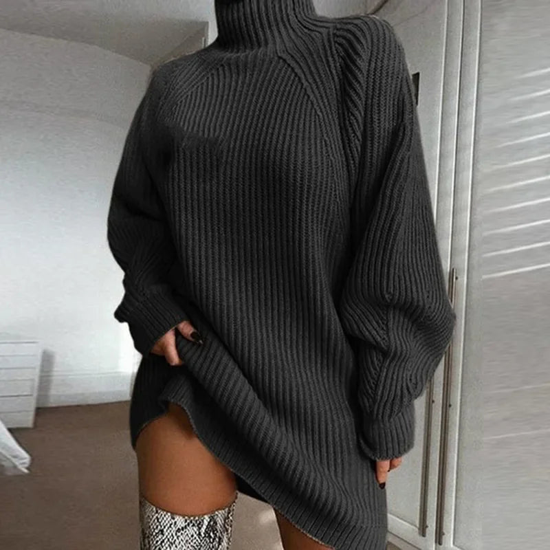 Chic Women's Autumn Winter Turtleneck Sweater Dress - Cozy Loose Knit Long Sleeve Pullover