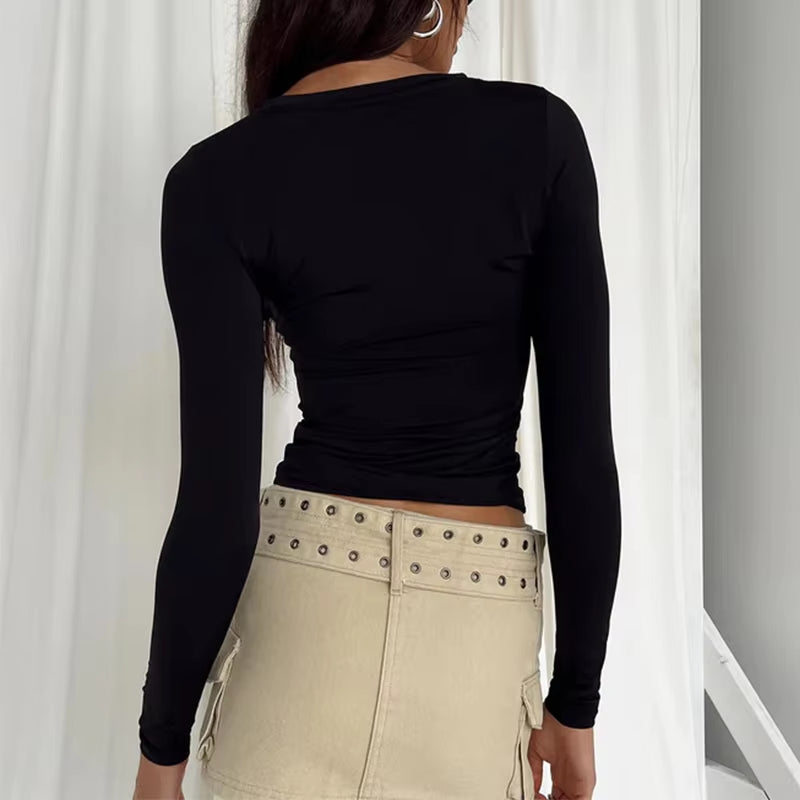 Chic Y2K Crop Top - Women's Long Sleeve Casual Tee for Spring & Autumn Streetwear