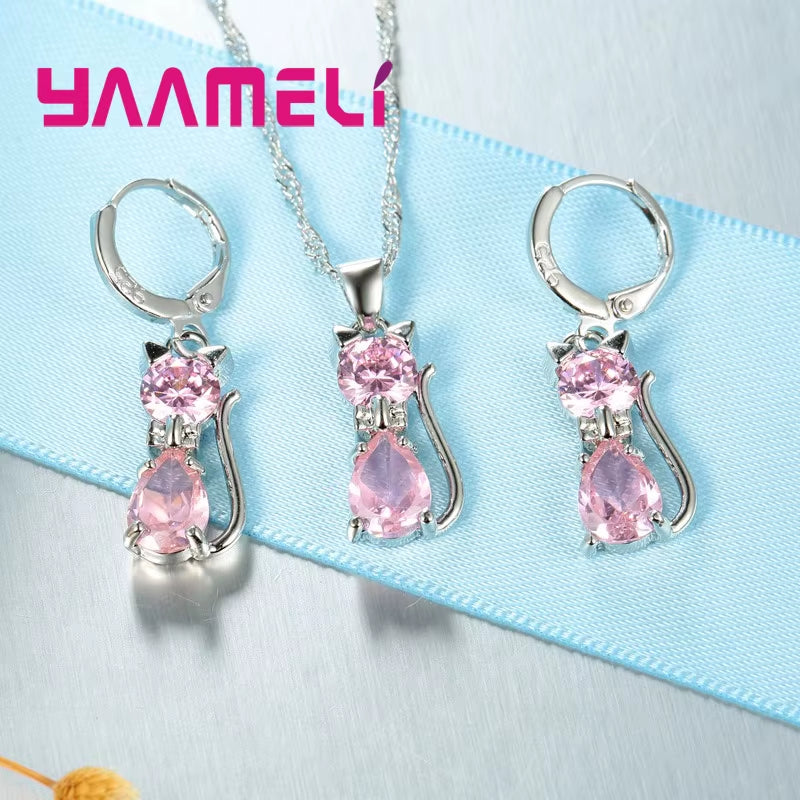 Elegant 925 Sterling Silver Cat Pendant Necklace and Huggie Earring Set with Shimmering Austrian Crystals for Women and Girls