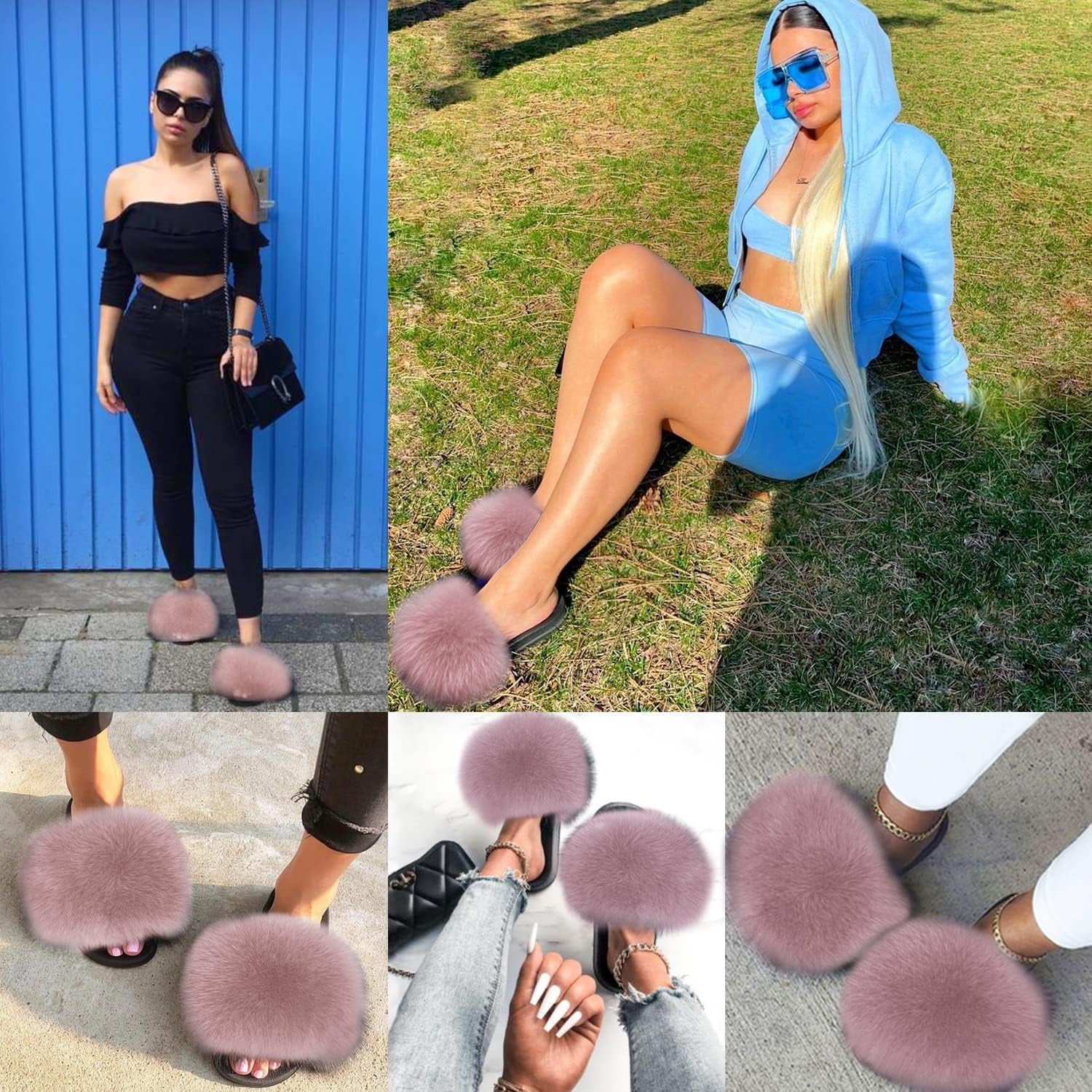 Women's Real Fox Fur Slides - Luxurious Open Toe Flat Sandals for Outdoor Use