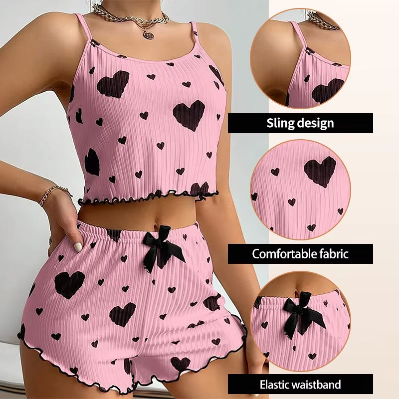 Cozy Women's 2-Piece Pajama Set - Soft Love Print Tank Top & Shorts, Perfect for Sleepwear!