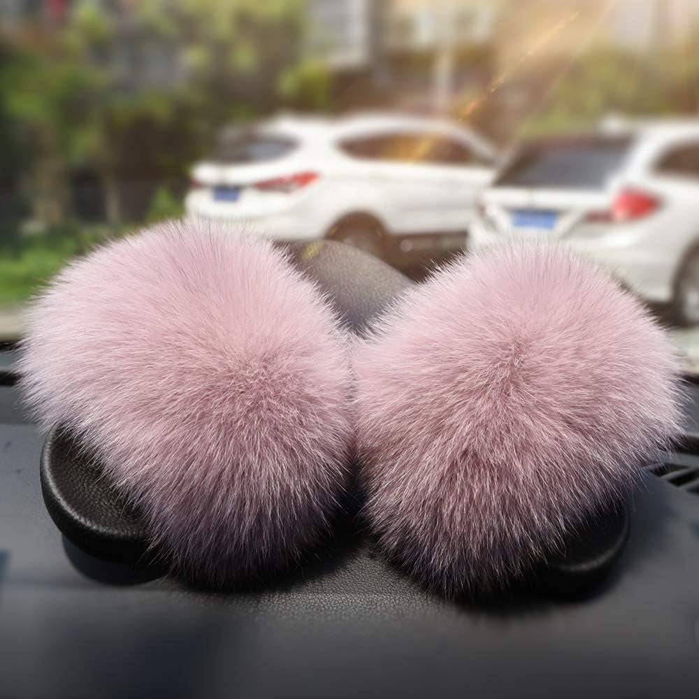 Women's Real Fox Fur Slides - Luxurious Open Toe Flat Sandals for Outdoor Use