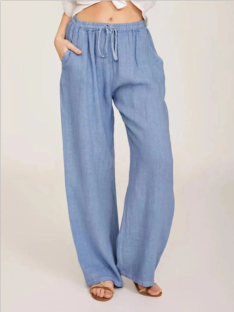 Stylish High-Waist Wide-Leg Cotton Linen Pants for Women - Breathable & Casual Summer/Autumn Trousers