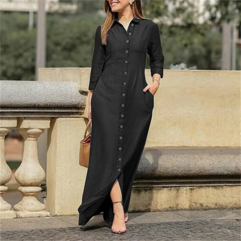 Chic 2023 Autumn Women's Denim Long Sleeve Dress with Buttons - Elegant Casual Fashion for Ladies