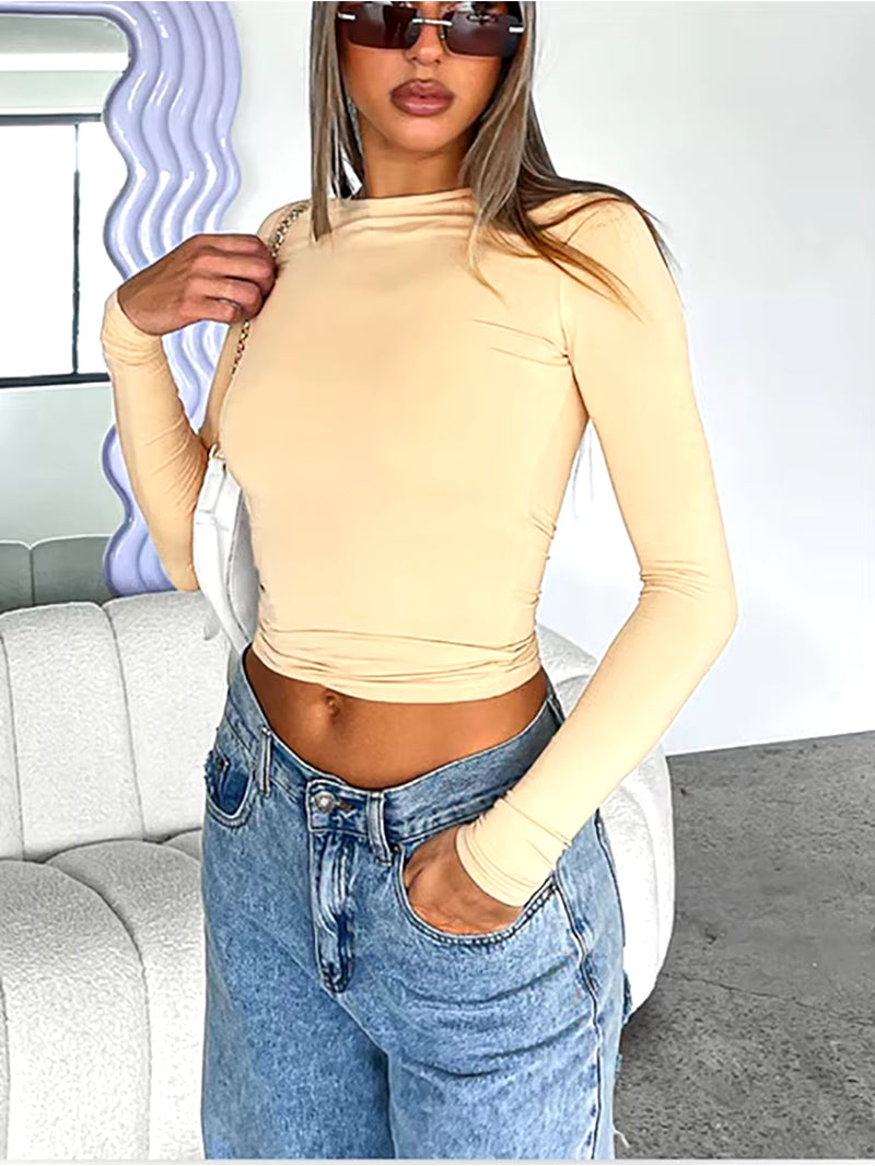 Chic Y2K Crop Top - Women's Long Sleeve Casual Tee for Spring & Autumn Streetwear