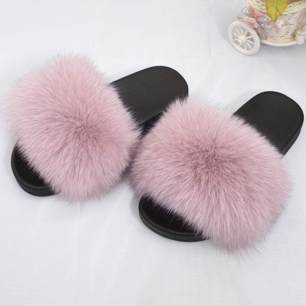 Women's Real Fox Fur Slides - Luxurious Open Toe Flat Sandals for Outdoor Use