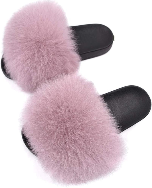 Women's Real Fox Fur Slides - Luxurious Open Toe Flat Sandals for Outdoor Use