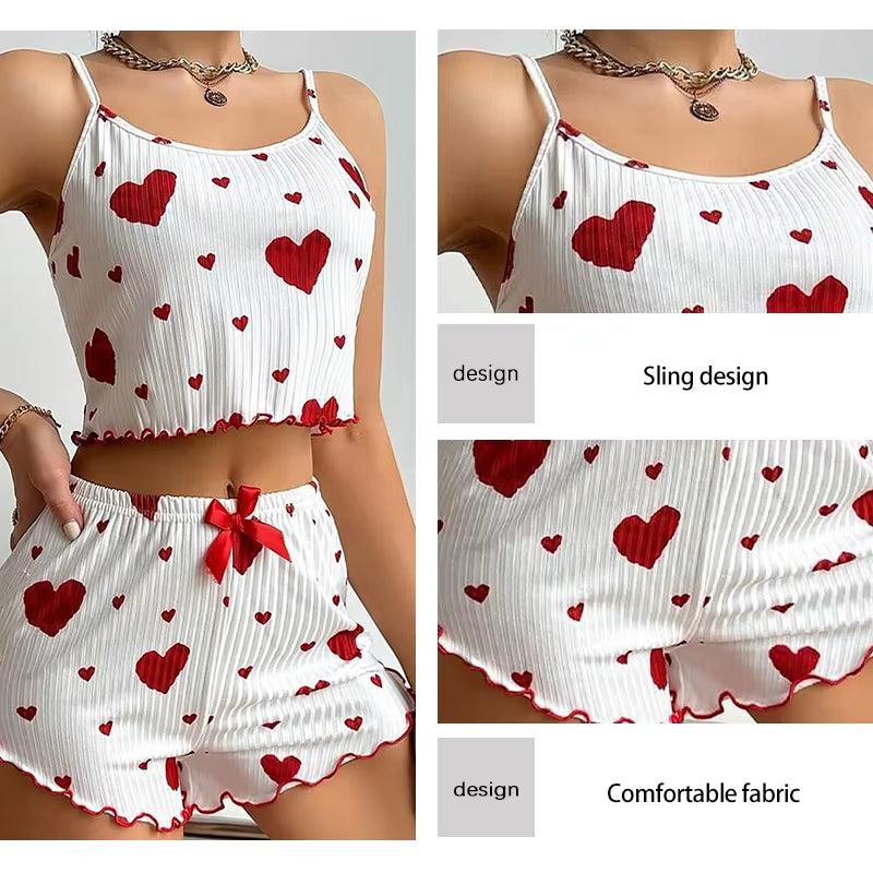 Cozy Women's 2-Piece Pajama Set - Soft Love Print Tank Top & Shorts, Perfect for Sleepwear!