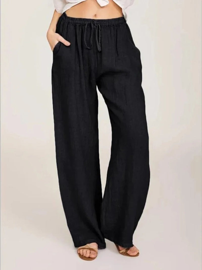 Stylish High-Waist Wide-Leg Cotton Linen Pants for Women - Breathable & Casual Summer/Autumn Trousers