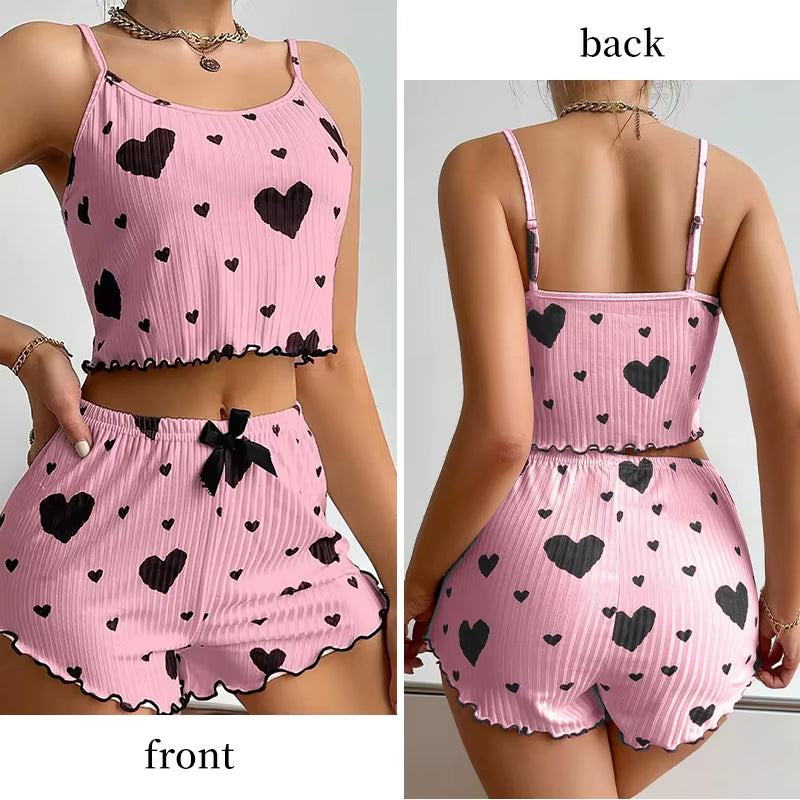 Cozy Women's 2-Piece Pajama Set - Soft Love Print Tank Top & Shorts, Perfect for Sleepwear!