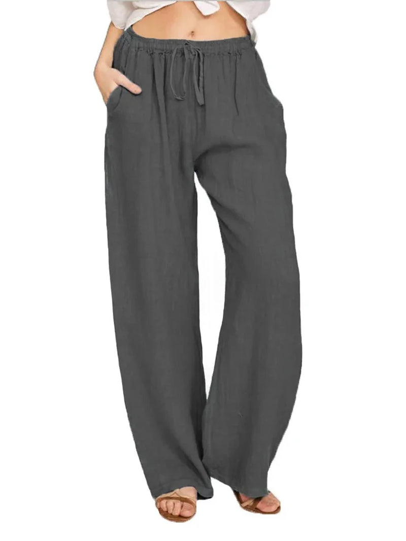 Stylish High-Waist Wide-Leg Cotton Linen Pants for Women - Breathable & Casual Summer/Autumn Trousers