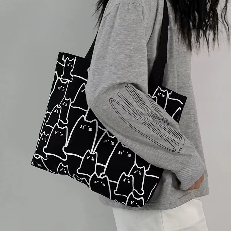 Cute Cat Canvas Tote Bag for Women - Stylish Japanese Design with Zipper, Perfect for Shopping and Everyday Use