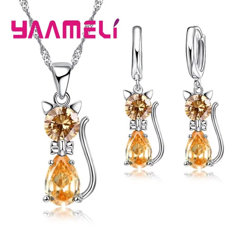 Elegant 925 Sterling Silver Cat Pendant Necklace and Huggie Earring Set with Shimmering Austrian Crystals for Women and Girls