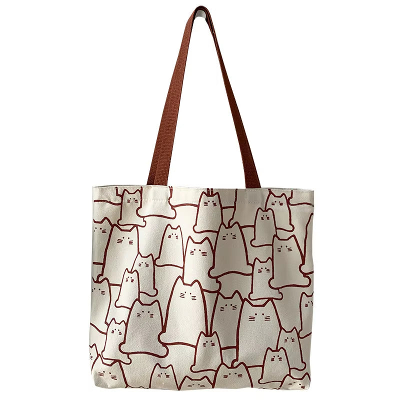 Cute Cat Canvas Tote Bag for Women - Stylish Japanese Design with Zipper, Perfect for Shopping and Everyday Use