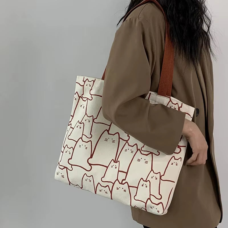 Cute Cat Canvas Tote Bag for Women - Stylish Japanese Design with Zipper, Perfect for Shopping and Everyday Use