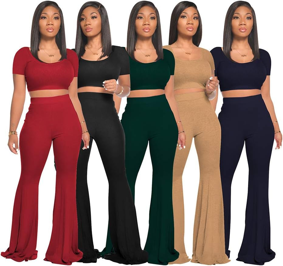 Women's 2-Piece Workout Set - Stylish Crop Top with High-Waisted Flared Pants for Yoga and Sports