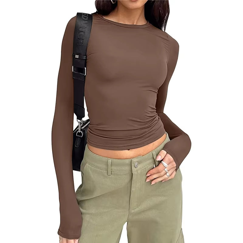 Chic Y2K Crop Top - Women's Long Sleeve Casual Tee for Spring & Autumn Streetwear