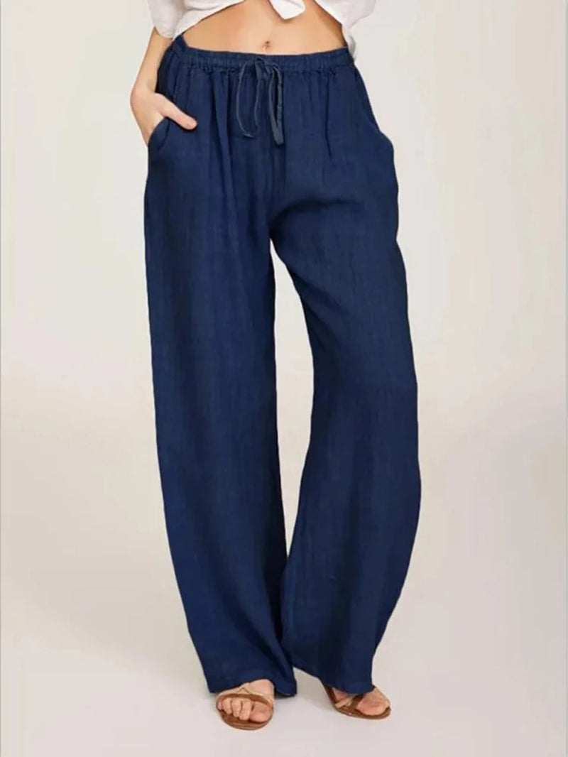 Stylish High-Waist Wide-Leg Cotton Linen Pants for Women - Breathable & Casual Summer/Autumn Trousers