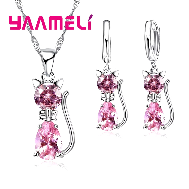 Elegant 925 Sterling Silver Cat Pendant Necklace and Huggie Earring Set with Shimmering Austrian Crystals for Women and Girls