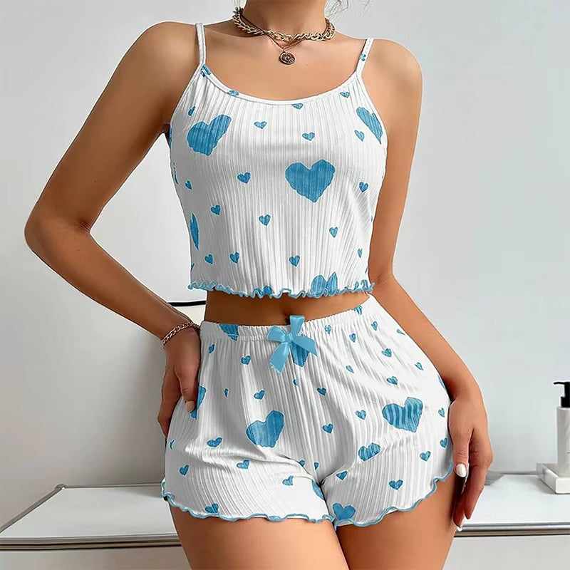 Cozy Women's 2-Piece Pajama Set - Soft Love Print Tank Top & Shorts, Perfect for Sleepwear!