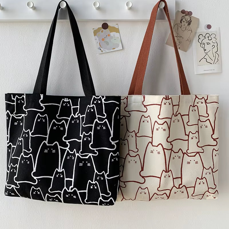 Cute Cat Canvas Tote Bag for Women - Stylish Japanese Design with Zipper, Perfect for Shopping and Everyday Use