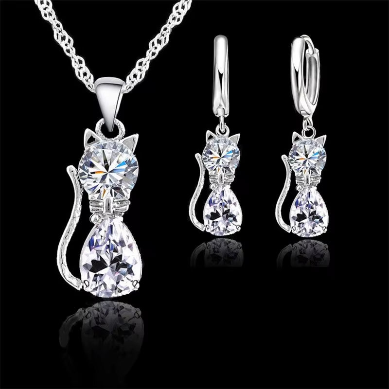 Elegant 925 Sterling Silver Cat Pendant Necklace and Huggie Earring Set with Shimmering Austrian Crystals for Women and Girls