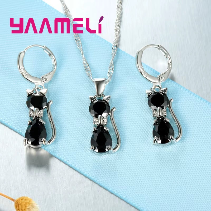 Elegant 925 Sterling Silver Cat Pendant Necklace and Huggie Earring Set with Shimmering Austrian Crystals for Women and Girls