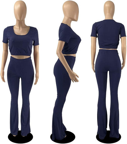 Women's 2-Piece Workout Set - Stylish Crop Top with High-Waisted Flared Pants for Yoga and Sports
