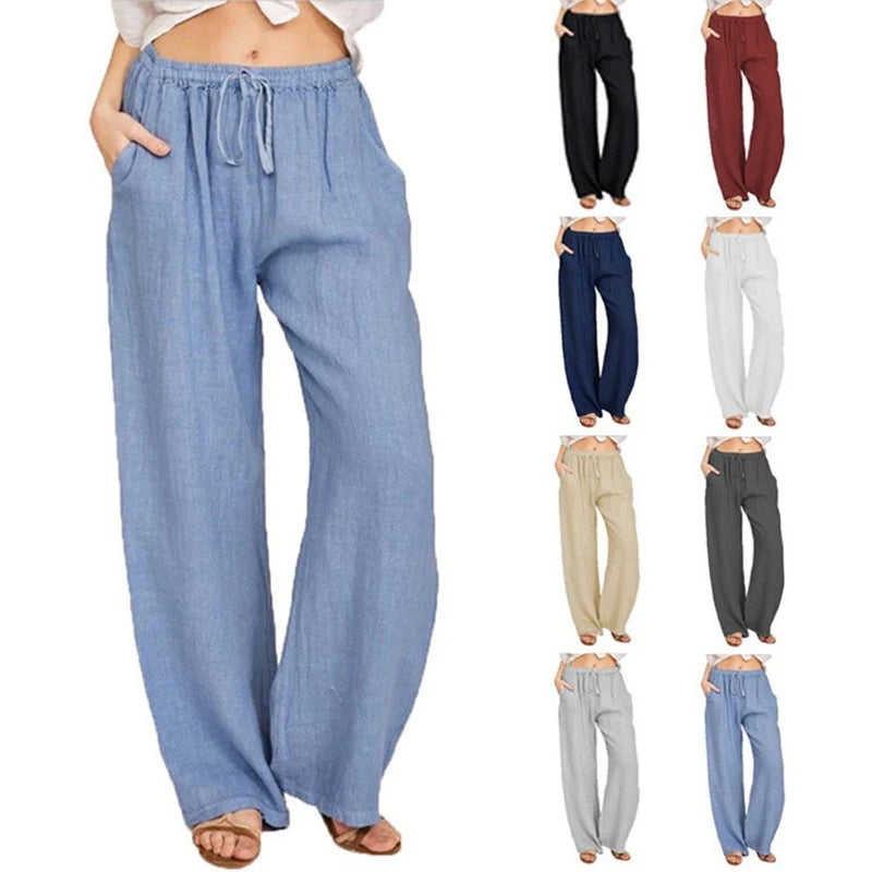Stylish High-Waist Wide-Leg Cotton Linen Pants for Women - Breathable & Casual Summer/Autumn Trousers