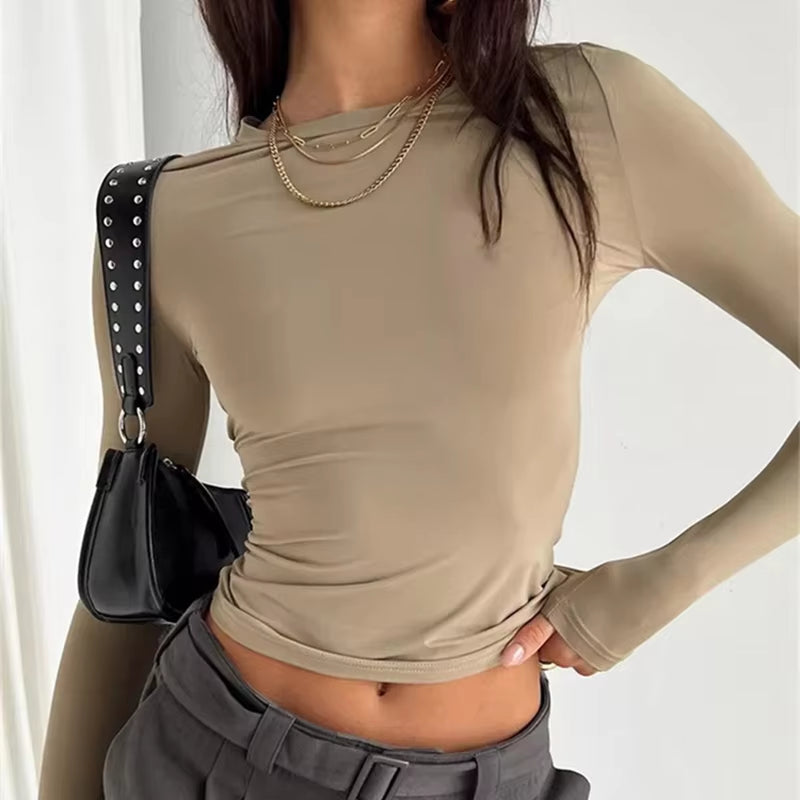 Chic Y2K Crop Top - Women's Long Sleeve Casual Tee for Spring & Autumn Streetwear