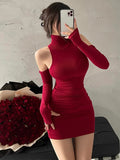 Summer Chic High Neck Bodycon Dress with Pleated Oversleeves and Wrapped Hip Design