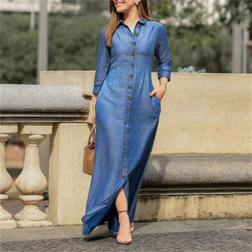 Chic 2023 Autumn Women's Denim Long Sleeve Dress with Buttons - Elegant Casual Fashion for Ladies