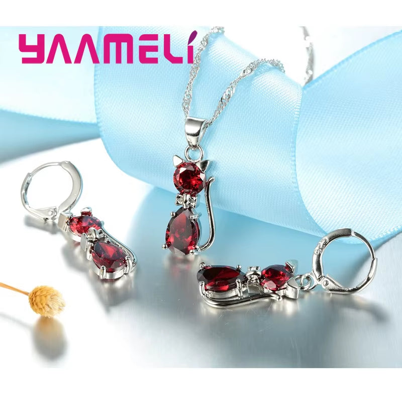 Elegant 925 Sterling Silver Cat Pendant Necklace and Huggie Earring Set with Shimmering Austrian Crystals for Women and Girls