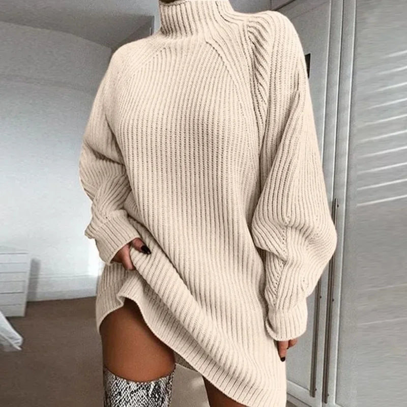 Chic Women's Autumn Winter Turtleneck Sweater Dress - Cozy Loose Knit Long Sleeve Pullover