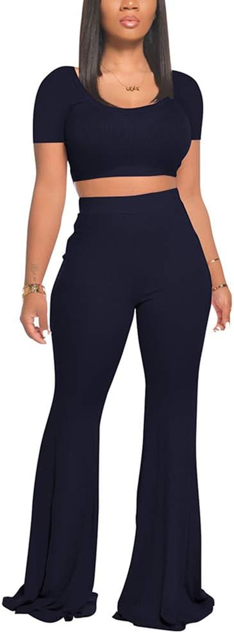 Women's 2-Piece Workout Set - Stylish Crop Top with High-Waisted Flared Pants for Yoga and Sports