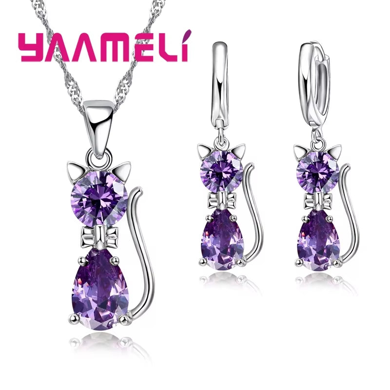 Elegant 925 Sterling Silver Cat Pendant Necklace and Huggie Earring Set with Shimmering Austrian Crystals for Women and Girls