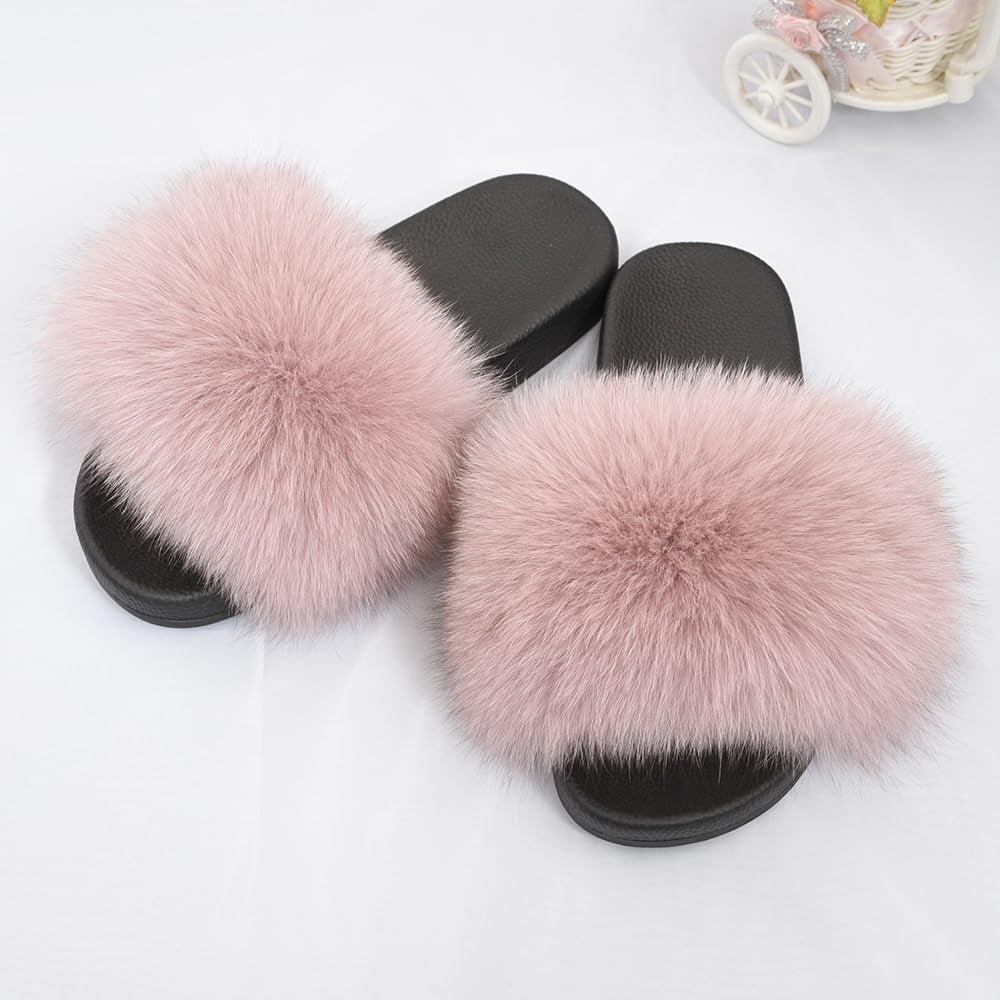 Women's Real Fox Fur Slides - Luxurious Open Toe Flat Sandals for Outdoor Use
