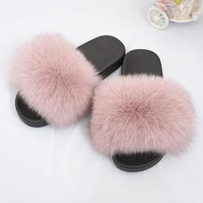 Women's Real Fox Fur Slides - Luxurious Open Toe Flat Sandals for Outdoor Use