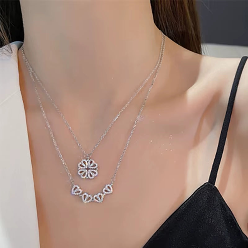 Heart-Shaped Four Leaf Clover Pendant Necklace - Zircon Clavicle Chain Jewelry for Women, Perfect Gift!