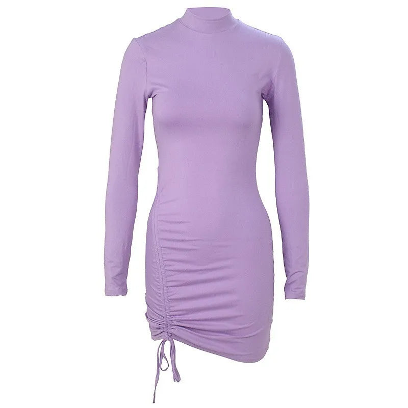 Chic Lace-Up Bodycon Mini Dress - Slim Fit Pleated Party Dress in Purple & Black