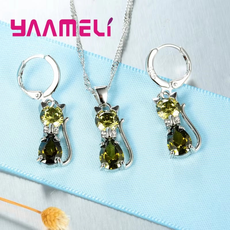 Elegant 925 Sterling Silver Cat Pendant Necklace and Huggie Earring Set with Shimmering Austrian Crystals for Women and Girls