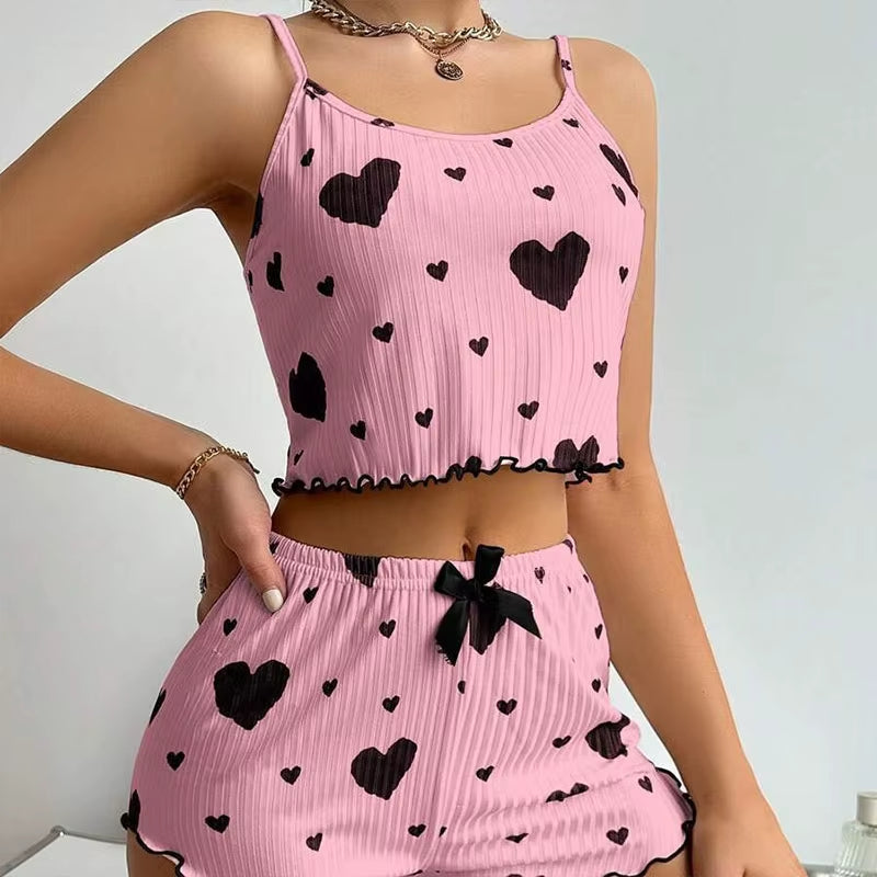 Cozy Women's 2-Piece Pajama Set - Soft Love Print Tank Top & Shorts, Perfect for Sleepwear!