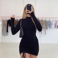 Chic Lace-Up Bodycon Mini Dress - Slim Fit Pleated Party Dress in Purple & Black