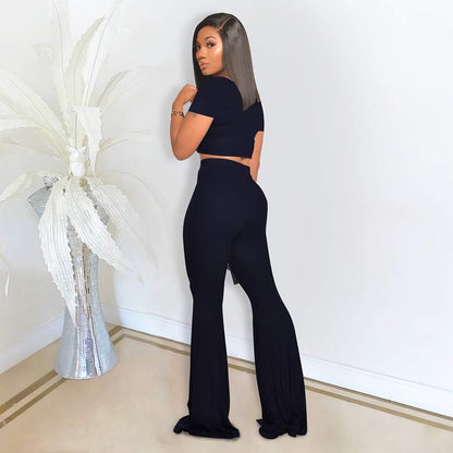 Women's 2-Piece Workout Set - Stylish Crop Top with High-Waisted Flared Pants for Yoga and Sports
