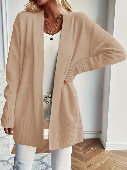 Cozy Knit Cardigan in khaki, front view on model